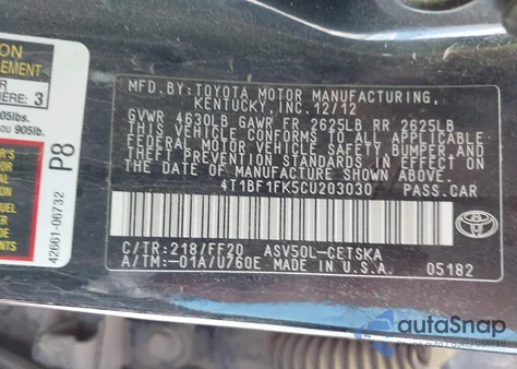 2012 Toyota Camry Se Limited Edition from USA, damaged, VIN 4T1BF1FK5CU203030